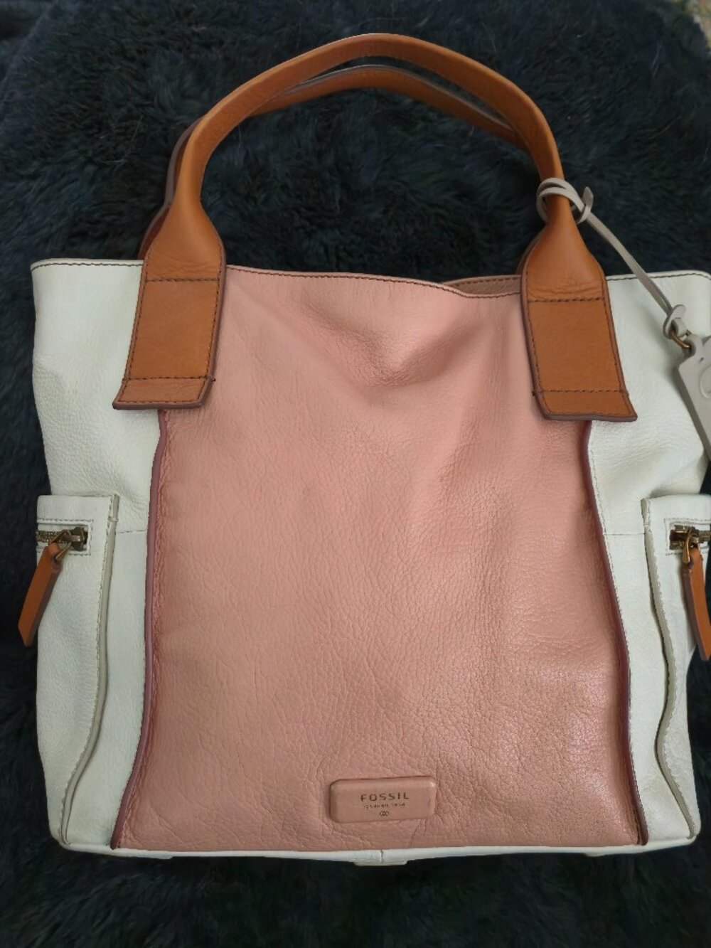Fossil Emmerson Leather Tote Handbag Pink Cream Colorblock